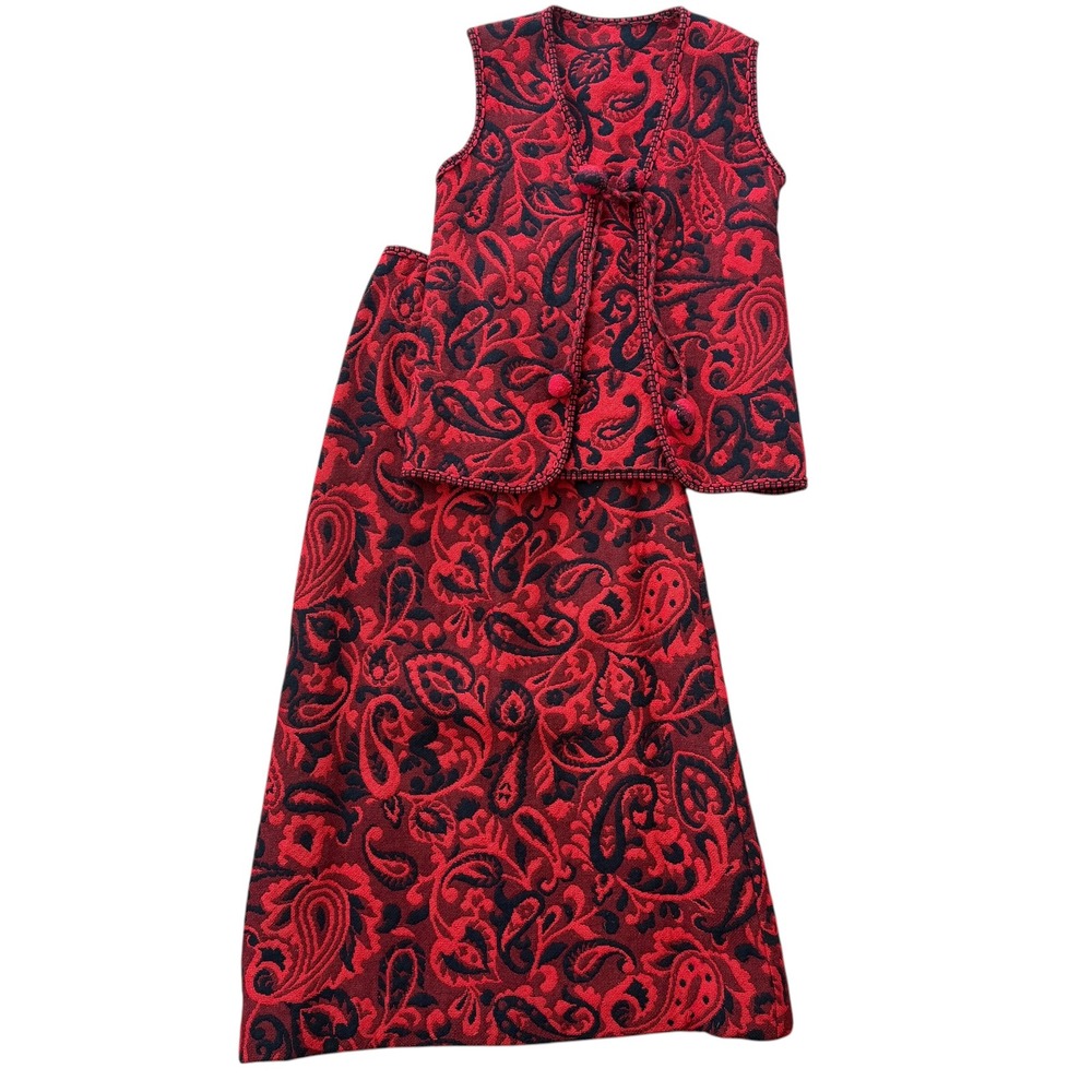 Vintage Handmade 70s Paisley Vest Maxi Skirt Set Red Black Folk Boho Tapestry S